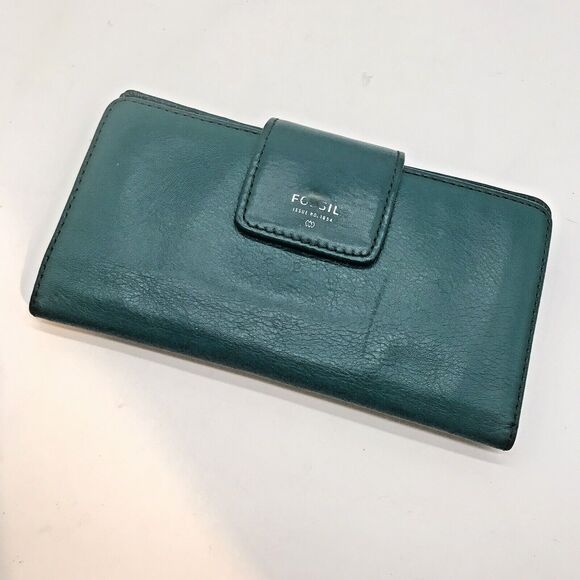 Fossil  Pebbled Leather Wallet Teal Green Bi-fold Zipper Pocket ID CC Cash Snaps - Picture 1 of 11